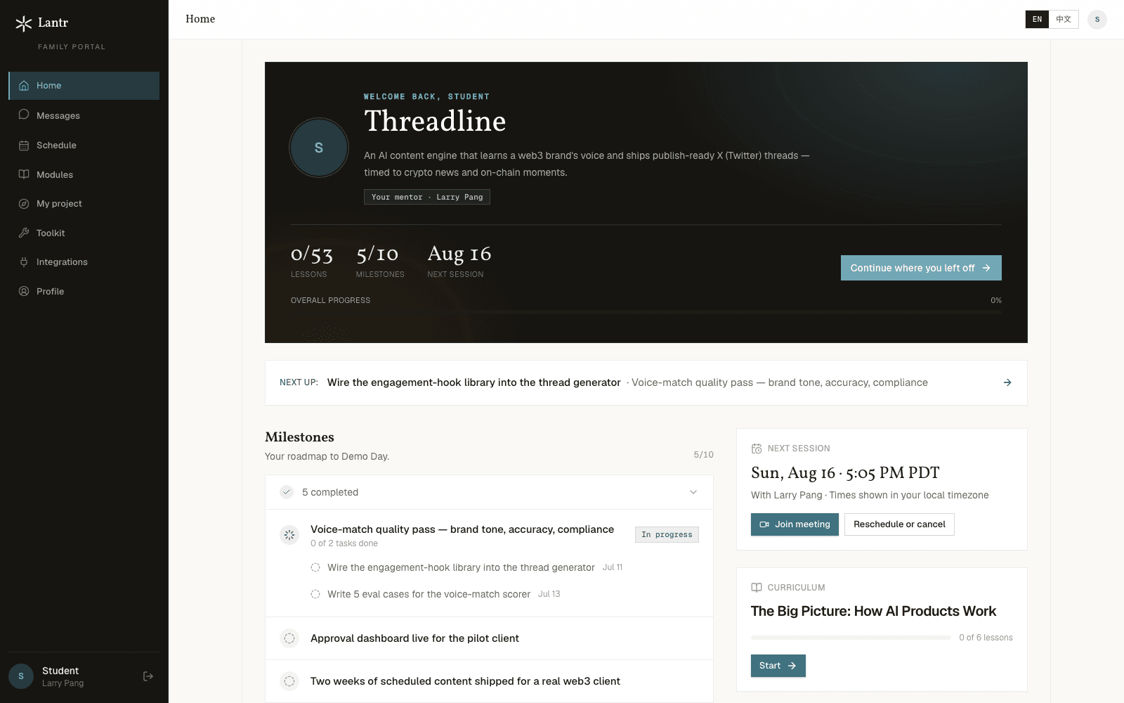 Lantr Portal showing a personal project, milestones, the next task, and a mentor session